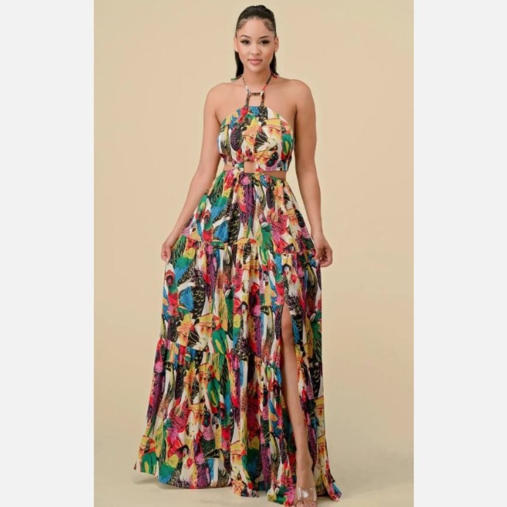 New Bright Tropical Parrot Print Sz Medium Cut Out Tiered Halter Boho Sun Dress